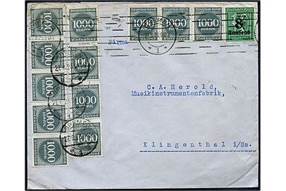 8.000/30 mk. Provisorium og 1000 mk. Ciffer (12) på 20.000 mk. frankeret inflabrev fra Bremen d. 27.8.1923 til Klingenthal.