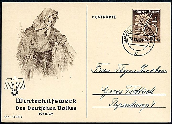 6+4 pfg. illustreret Winterhilfswerk - Oktober - helsagsbrevkort fra Hamburg d. 19.11.1938 til Gross Flottbek. Uden meddelelse.