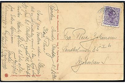 15 øre Chr. X på brevkort (Lazaretlejren i Hald ved Viborg) fra Randers annulleret med fejlgraveret bureaustempel Fredericia - Aalbobg T.954 d. 7.7.1920 til København.