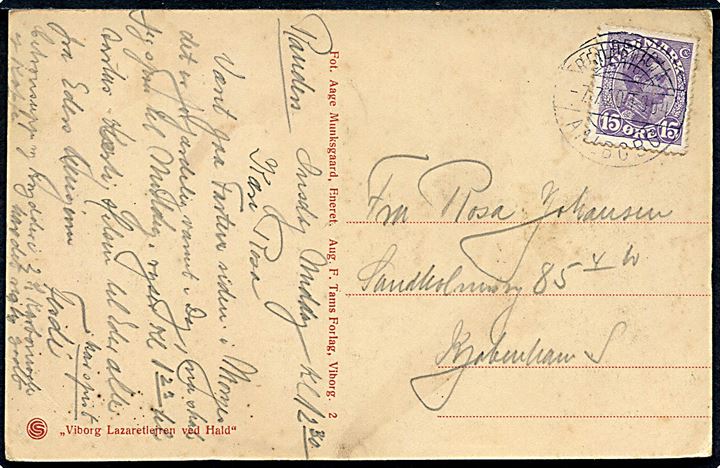 15 øre Chr. X på brevkort (Lazaretlejren i Hald ved Viborg) fra Randers annulleret med fejlgraveret bureaustempel Fredericia - Aalbobg T.954 d. 7.7.1920 til København.
