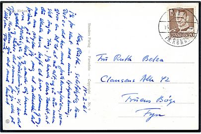 20 øre Fr. IX på brevkort annulleret med pr.-stempel Åby pr. Rønne d. 15.2.1961 til Fruens Bøge.