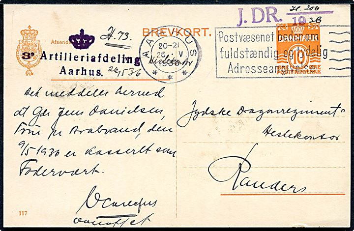 10 øre Bølgelinie helsagsbrevkort fra Aarhus d. 26.5.1936 til Randers. Militært afs.stempel: (krone) 3' Artilleriafdeling Aarhus.