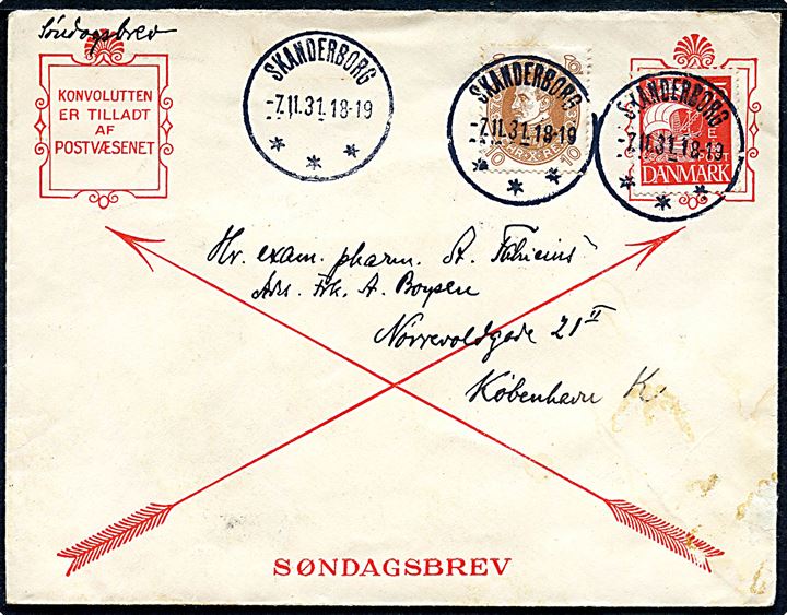 10 øre Chr. X 60 øre og 15 øre Karavel på fortrykt Søndagsbrev kuvert fra Skanderborg d. 7.11.1931 til København.