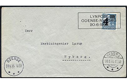 4/25 øre provisorium på filatelistisk særkuvert med interessant rammestempel LYNPOST ODENSE - NYBORG 2-6-1935 med poststempler Odense og Nyborg. Spændende forsendelse befordret med lyntog over Fyn.