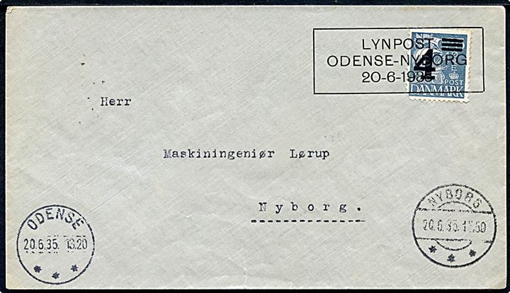4/25 øre provisorium på filatelistisk særkuvert med interessant rammestempel LYNPOST ODENSE - NYBORG 2-6-1935 med poststempler Odense og Nyborg. Spændende forsendelse befordret med lyntog over Fyn.