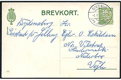 15 øre Fr. IX helsagsbrevkort (fabr. 171) annulleret med pr.-stempel Givskud pr. Jellinge d. 5.8.1950 til Vejle.