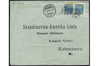 4 øre Tofarvet i parstykke på brev annulleret med stjernestempel GODTHAAB og sidestemplet Rønne d. 17.9.1902 til Skandinavisk-Amerika Linie i København.