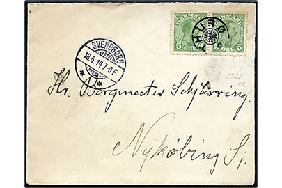 5 øre Chr. X i parstykke på brev annulleret med stjernestempel THURØ og sidestemplet Svendborg d. 18.6.1914 til Nykøbing S.