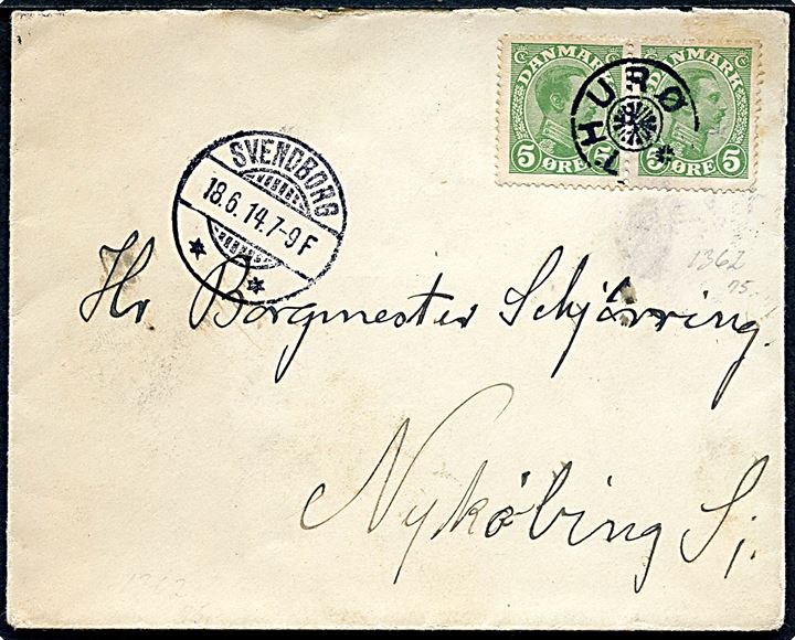 5 øre Chr. X i parstykke på brev annulleret med stjernestempel THURØ og sidestemplet Svendborg d. 18.6.1914 til Nykøbing S.