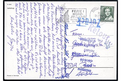 3,75 kr. på brevkort (Lønstrup) annulleret Nordjyllands Postcenter d. 25.7.1990 til Berlin, DDR. Retur som ubekendt 