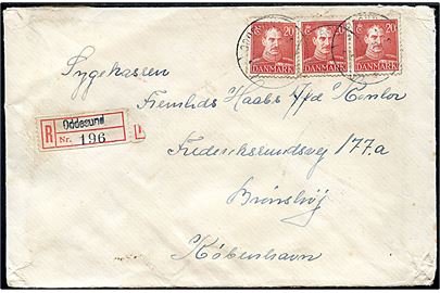 20 øre Chr. X (3) på anbefalet brev annulleret med svagt brotype IIc Oddesund sn2 d. 23.4.1944 til Brønshøj. Blanco-rec.-etiket med sort liniestempel Oddesund. Kuvert nusset.