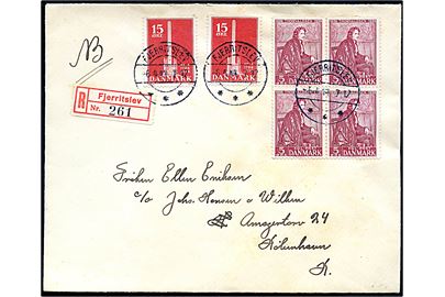 5 øre Thorvaldsen i fireblok og 15 øre Stavnsbåndet (2) på anbefalet brev fra Fjerritslev d. 6.4.1944 til København.