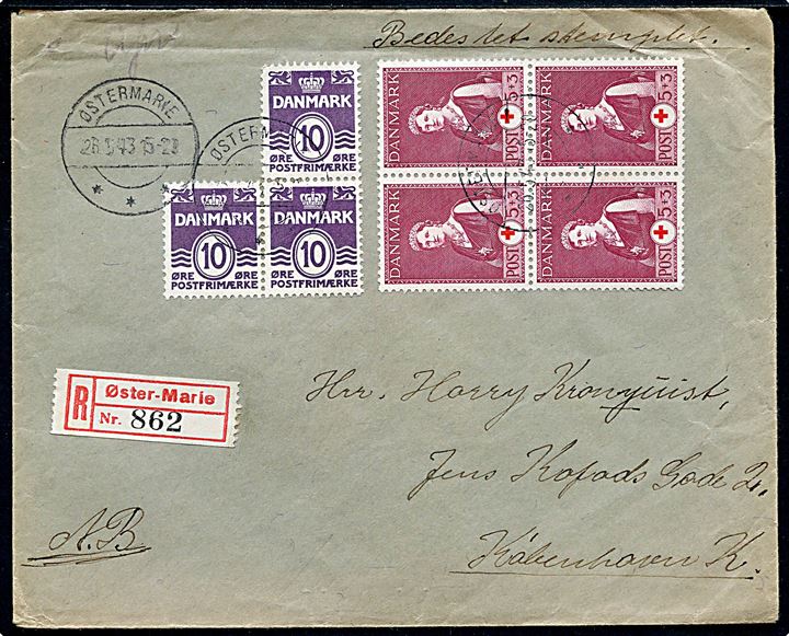 5+3 øre Røde Kors (fireblok) og 10 øre Bølgelinie (3) på anbefalet brev fra Østermarie d. 26.5.1943 til København.