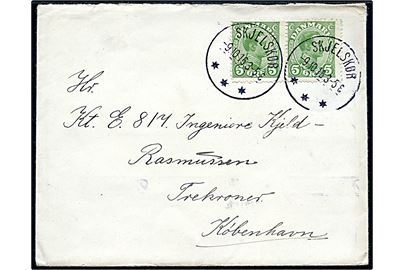 5 øre Chr. X i parstykke på brev annulleret med brotype IIIb Skjelskør d. 9.10.1916 til ingeniørsoldat på søfortet Trekroner ved København.