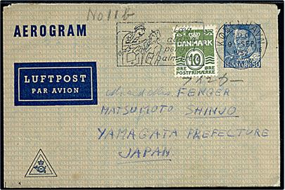 50 øre Fr. IX helsags aerogram (fabr. 4) opfrankeret med 10 øre Bølgelinie fra København d. 9.9.1952 til Shinjo, Yamagata, Japan.
