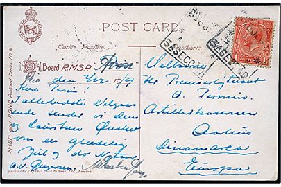 Engelsk 1d George V på brevkort (Rederi kort fra Rio de Janeiro) skrevet ombord på R.M.S. Avon annulleret med portugisisk skibsstempel til Aarhus, Danmark.
