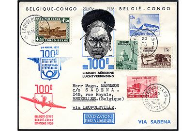 Belgisk udg. stemplet Bruxelles d. 20.11.1938 og Belgisk Congo udg. stemplet Leopoldville d. 25.11.1938 på særlig blandingsfrankeret 100-flyvnings luftpostkuvert til Bruxelles.