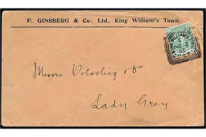 ½d single på brev annulleret med Squared Circle Postmark King Williams Town C.G.H. d. 3.11.1902 via Aliwai North til Lady Grey.
