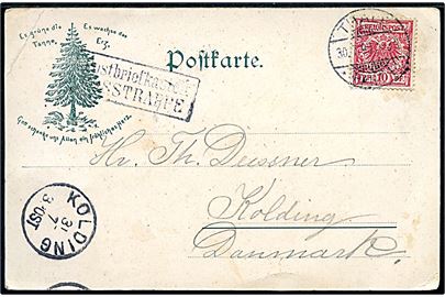 10 pfg. Adler på brevkort annulleret Thale (Harz) d. 30.7.1899 og sidestemplet med rammestempel Postbriefkasten Rosstrappe til Kolding, Danmark.