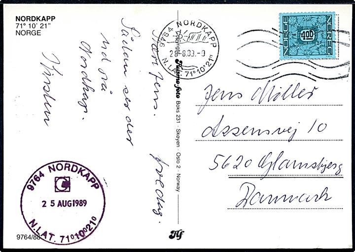 4 kr. på brevkort (Nordkap i tåge) annulleret med særstempel Nordkapp d. 28.8.1989 og sidestemplet d. 25.8.1989 til Glamsbjerg, Danmark.