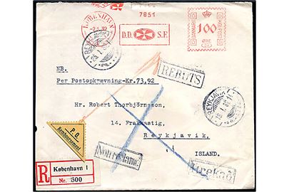 100 øre firmafranko på anbefalet brev med postopkrævning fra de danske Spritfabriker i København d. 2.1.1932 til Reykjavik, Island. Returneret med flere islandske rammestempler. 