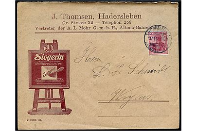 10 pfg. Germania på illustreret firmakuvert fra Hadersleben *(Schleswig)1* d. 11.11.1913 til Vojens.