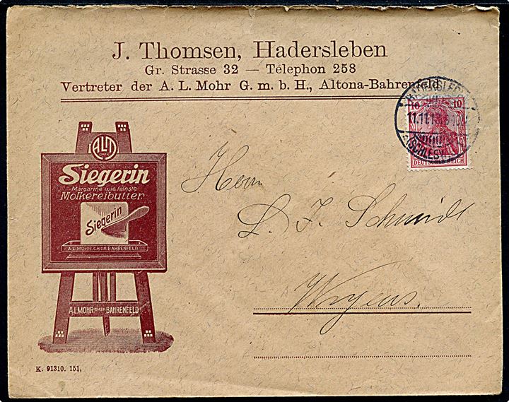 10 pfg. Germania på illustreret firmakuvert fra Hadersleben *(Schleswig)1* d. 11.11.1913 til Vojens.