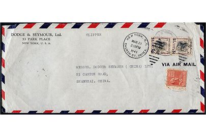 10 c. Tylor og $1 Wilson (par) på aflangt luftpostbrev påskrevet Clipper fra New York d. 21.3.1941 til Shanghai, Kina.