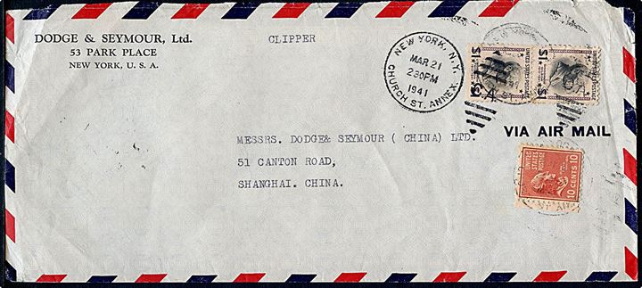 10 c. Tylor og $1 Wilson (par) på aflangt luftpostbrev påskrevet Clipper fra New York d. 21.3.1941 til Shanghai, Kina.