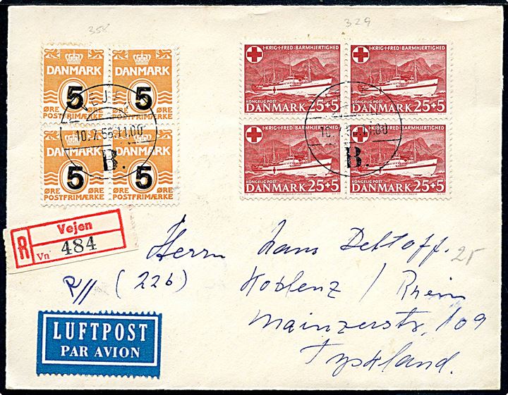 5/6 øre Provisorium og 25+5 øre Jutlandia i fireblokke på anbefalet luftpostbrev fra Vejen B. d. 10.7.1956 til Koblenz, Tyskland.