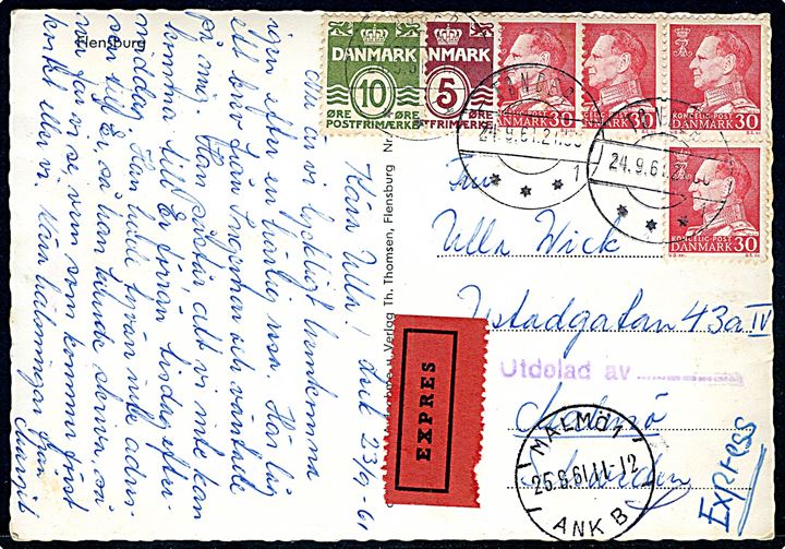5 øre, 10 øre Bølgelinie og 30 øre Fr. IX (4) på ekspres brevkort fra Tønder d. 24.9.1961 til Malmö, Sverige.