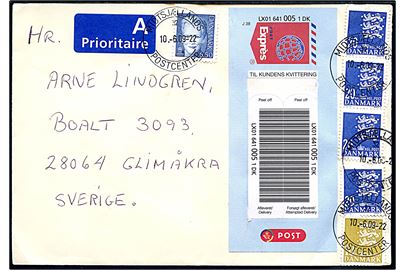 6,50 kr. Margrethe, 10 kr. og 20 kr. (4) Rigsvåben på Post Exprés brev fra Kirke Såby annulleret Midtsjællands Postcenter sn32 d. 10.6.2009 til Glimåkra, Sverige.