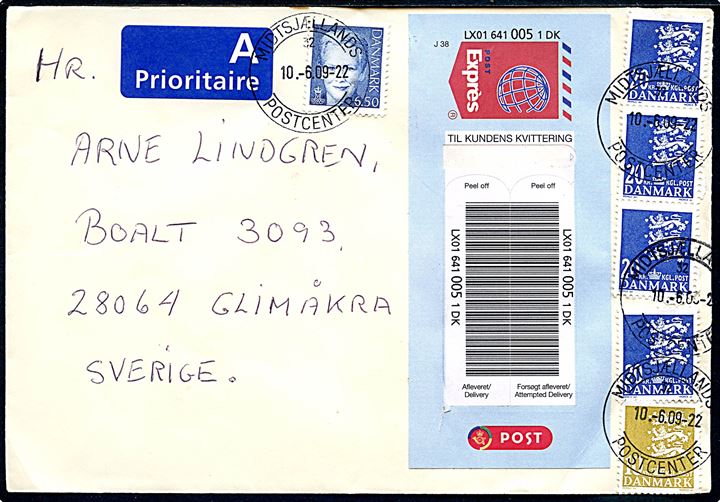 6,50 kr. Margrethe, 10 kr. og 20 kr. (4) Rigsvåben på Post Exprés brev fra Kirke Såby annulleret Midtsjællands Postcenter sn32 d. 10.6.2009 til Glimåkra, Sverige.