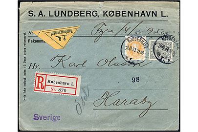 50 øre Chr. X og 30 øre Chr. X 60 år på anbefalet brev med postopkrævning fra Kjøbenhavn d. 9.10.1931 til Haraby, Sverige. Lidt slidt i overkanten.