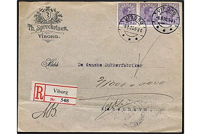 15 øre Chr. X i 3-stribe på anbefalet brev fra Viborg d. 9.8.1920 til København.
