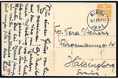 10 øre Bølgelinie på brevkort annulleret med brotype IIIc Maribo JB.P.E. d. 16.7.1934 til Helsingborg, Sverige.