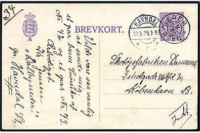 15 øre Chr. X helsagsbrevkort (fabr. 75-H) annulleret med stjernestempel DALBYNEDER og sidestemplet Havndal d. 19.5.1925 til København.