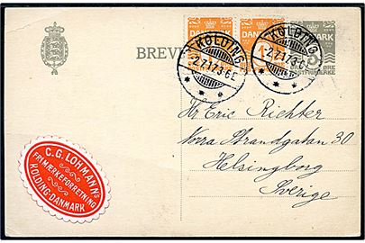 3 øre helsagsbrevkort opfrankeret med 1 øre Bølgelinie i parstykke fra Kolding d. 2.7.1917 til Helsingborg, Sverige. Afsender oblat fra C. G. Lohmann's frimærkeforretning i Kolding.