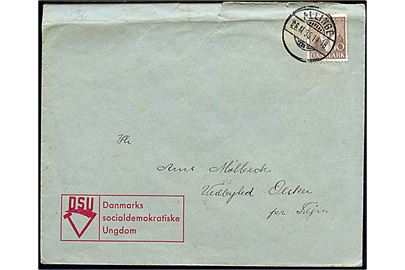 10 øre Tavsen på fortrykt kuvert fra DSU Danmarks Socialdemokratiske Ungdom sendt som lokalbrev og annulleret med brotype Ic Allinge d. 26.11.1936 til Tejn. Sen anvendelse af det omdannede Allinge S. stempel.