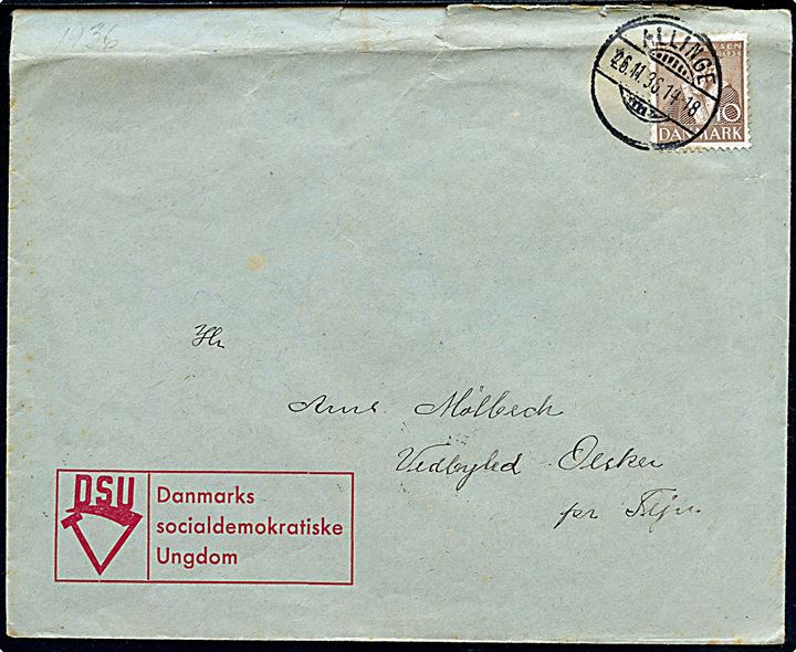 10 øre Tavsen på fortrykt kuvert fra DSU Danmarks Socialdemokratiske Ungdom sendt som lokalbrev og annulleret med brotype Ic Allinge d. 26.11.1936 til Tejn. Sen anvendelse af det omdannede Allinge S. stempel.