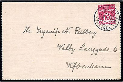 10 øre Bølgelinie på privat korrespondancekort dateret i Sandvig annulleret med bureaustempel Rønne - Allinge T.28 d. 11.9.1913 til København. Meget tidligt aftryk.