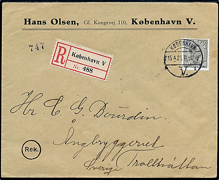 50 øre Chr. X single på anbefalet brev fra København d. 15.4.1925 til Trollhättan, Sverige.