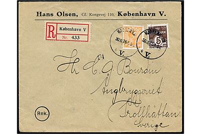 5 øre Bølgelinie og 40 øre Chr. X på anbefalet brev fra Kjøbenhavn d. 30.11.1926 til Trollhättan, Sverige.