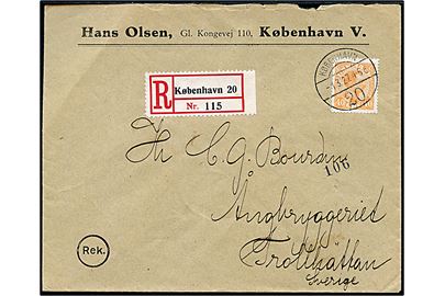 40 øre Chr. X single på anbefalet brev fra København d. 1.3.1927 til Trollhättan, Sverige.