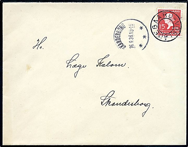 15 øre H. C. Andersen på brev annulleret med udslebet stjernestempel VORLADEGAARD og sidestemplet Skanderborg d. 16.9.1936 til Skanderborg.