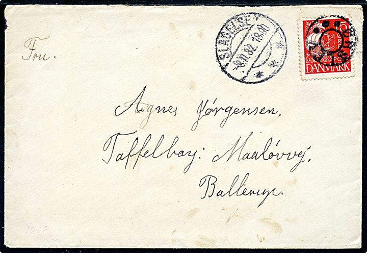 15 øre Karavel på brev annulleret med udslebet stjernestempel ØRSLEV (type I) og sidestemplet Slagelse d. 8.11.1932 til Ballerup.