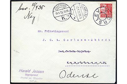 15 øre Karavel på brev annulleret med udslebet stjernestempel ØRSLEV (Type II) og sidestemplet Slagelse d. 13.4.1935 til folketingsmand J.C.A. Carlsen-Skiødt, Den danske Rigsdag, København - eftersendt til Odense.