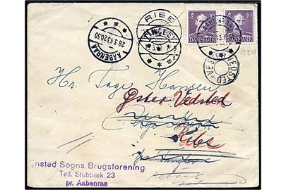 10 øre Chr. X (2) på brev fra Aabenraa d. 13.3.1943 til Uge Mark pr. Tinglev - eftersendt til Øster Vedsted pr. Ribe og returneret som ubekendt med bl.a. udslebet stjernestempel VESTER VEDSTED. Rifter.
