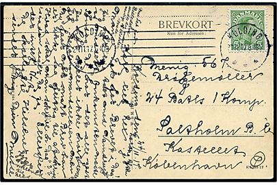 5 øre Chr. X på brevkort fra Kolding d. 24.11.1917 til soldat ved 24 Batl. 1. Komp. stationeret på Saltholm via København Ø. 