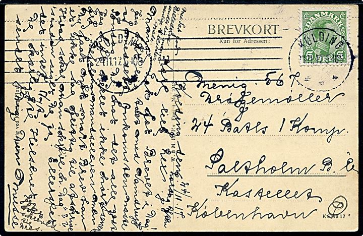 5 øre Chr. X på brevkort fra Kolding d. 24.11.1917 til soldat ved 24 Batl. 1. Komp. stationeret på Saltholm via København Ø. 